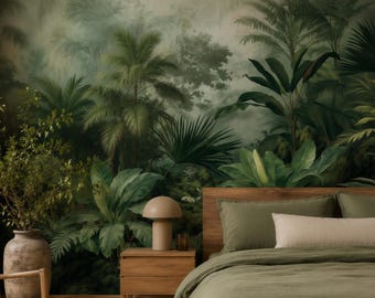 Serene Tropische Tapete | Luxus Botanisches Wandbild | Elegante Grüne Dschungel Tapete