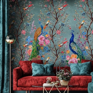 Vintage Chinoiserie Peacock Wallpaper | Elegant Floral Bird Wall Mural | Peel and Stick