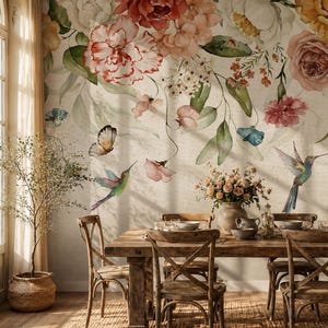 Miękka tapeta z motywem akwareli i kwiatów | Romantyczny mural z piwonią i kolibrem | Elegancka naklejka samoprzylepna