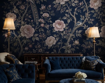 Navy Pfau Chinoiserie Tapete | Luxus Blumen Wandbild