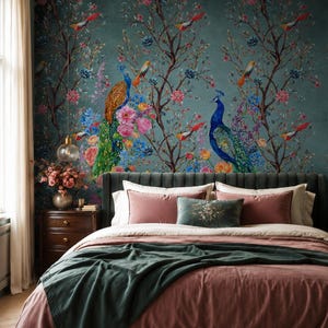Chinoiseriebehang met luxe pauwenmotief | Romantische bloemenvogel muurschildering | Elegante vintage Peel & Stick