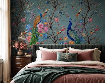 Luxury Peacock Chinoiserie Wallpaper | Romantic Floral Bird Wall Mural | Elegant Vintage Peel & Stick