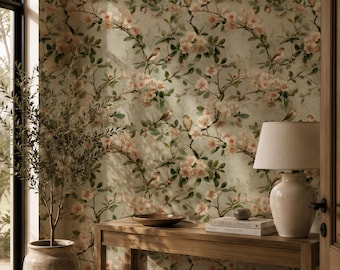 Elegant Botanical Bird Wallpaper | Soft Floral Wall Mural | Vintage Sage Green Wallpaper