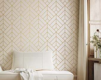 Art Deco Luxus Tapete Gold | Weißes Geometrisches Wandbild