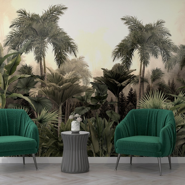 Tropical Jungle Plants- Rainforest Wallpaper- Palm Trees- Peel and Stick- Self Adhesive- Removable Wallpaper