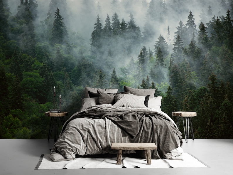 Misty Forest Wallpaper | Moody Pine Tree Wall Mural image 2