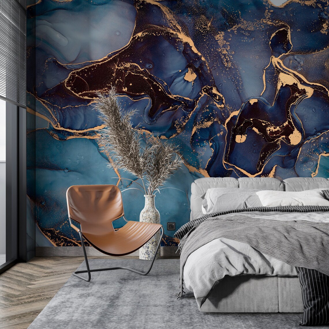 Marble Texture Wallpaper Blue & Gold Peel and Stick Self | Etsy