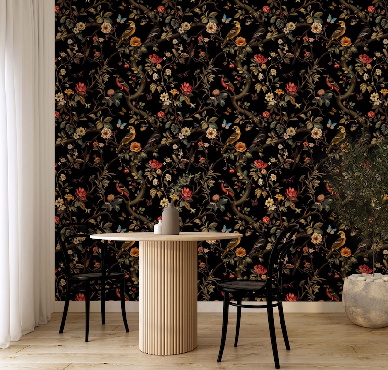 Dark Botanical Wallpaper, Moody Floral Bird Peel and Stick Vintage Wall ...