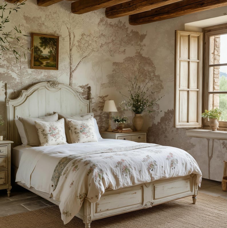 May include: A cream-coloured wooden bed frame with a curved headboard and footboard, dressed in a white duvet cover featuring a delicate floral pattern, two matching floral throw pillows, and two solid cream-coloured pillows on a woven rug.