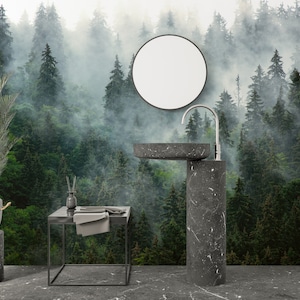 May include: A bathroom vanity with a black marble countertop and sink. The background is a forest scene with fog and trees.