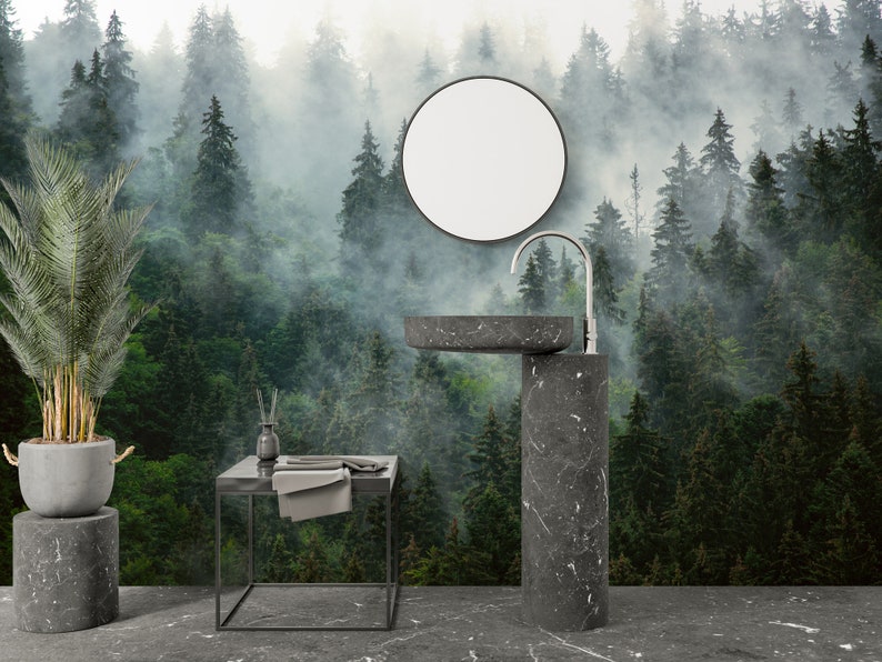 May include: A bathroom vanity with a black marble countertop and sink. The background is a forest scene with fog and trees.