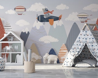 Kids Mountain Wallpaper | Nursery Landscape with Air Plane Wall Mural