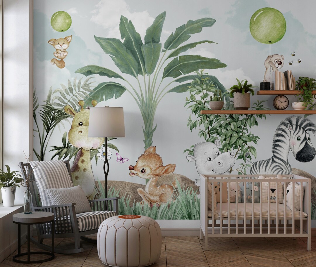 Kids Baby Safari Animal Wallpaper Nursery Safari Animal Wall Mural Peel and Stick Etsy