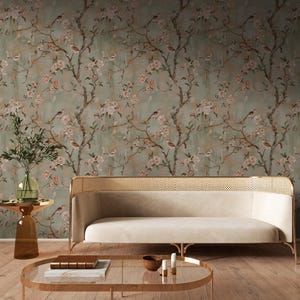 Elegant Botanical Wallpaper | Soft Sage Floral Bird Wallpaper | Vintage Blossom Peel and Stick image 7