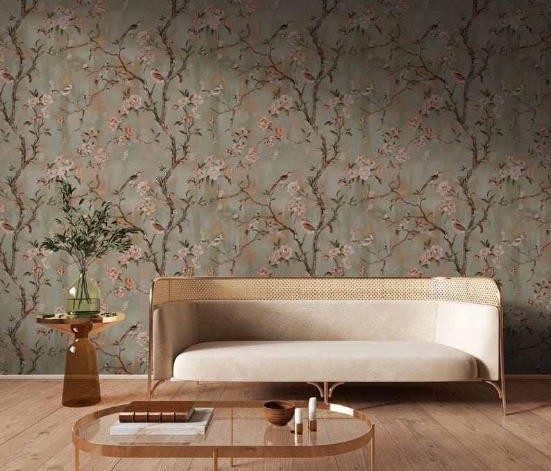 Elegant Botanical Wallpaper | Soft Sage Floral Bird Wallpaper | Vintage Blossom Peel and Stick image 7