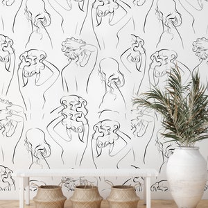 Art Wallpaper Peel and Stick, Female Body Line Art Wall Mural, Removable Wallpaper