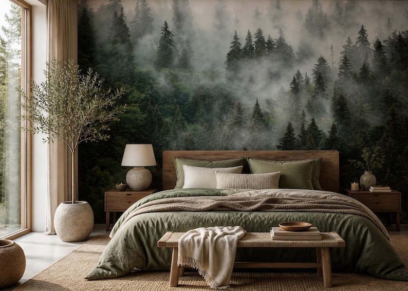 Misty Forest Wallpaper | Moody Pine Tree Wall Mural image 1