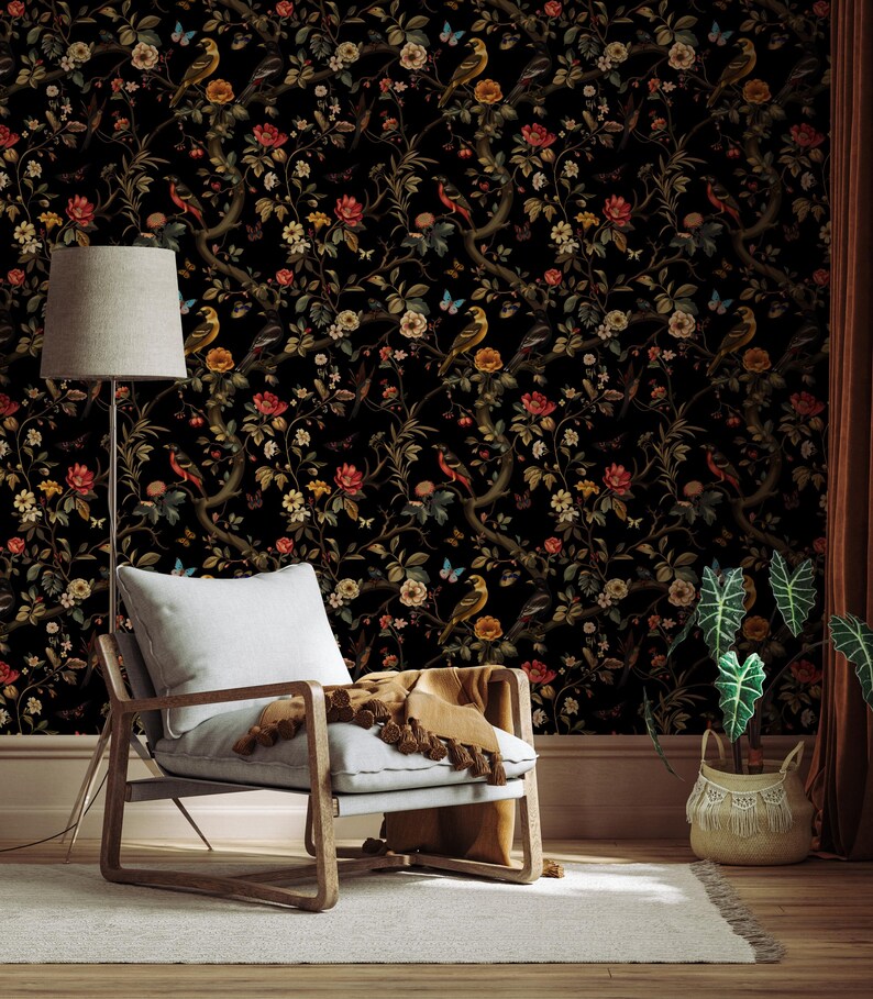 Dark Botanical Wallpaper, Moody Floral Bird Peel and Stick Vintage Wall ...