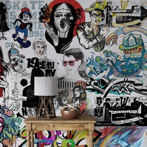 Graffiti Street Art Wallpaper, Peel and Stick, Art Wallpaper, Self Adhesive, Art Collage Wallpaper