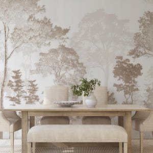 May include: A dining room set featuring a rectangular wooden table, a long upholstered bench, and two upholstered chairs. The wall behind the furniture is covered in wallpaper depicting a forest scene in shades of beige and light brown.