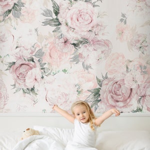 Kids Soft Peony Floral Wallpaper | Nursery Flowers Wall Mural Peel and Stick