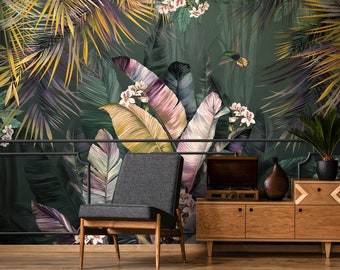 Tropical Wallpaper | Colorful Tropical Leaves with Hummingbird Wall Mural | Peel and Stick