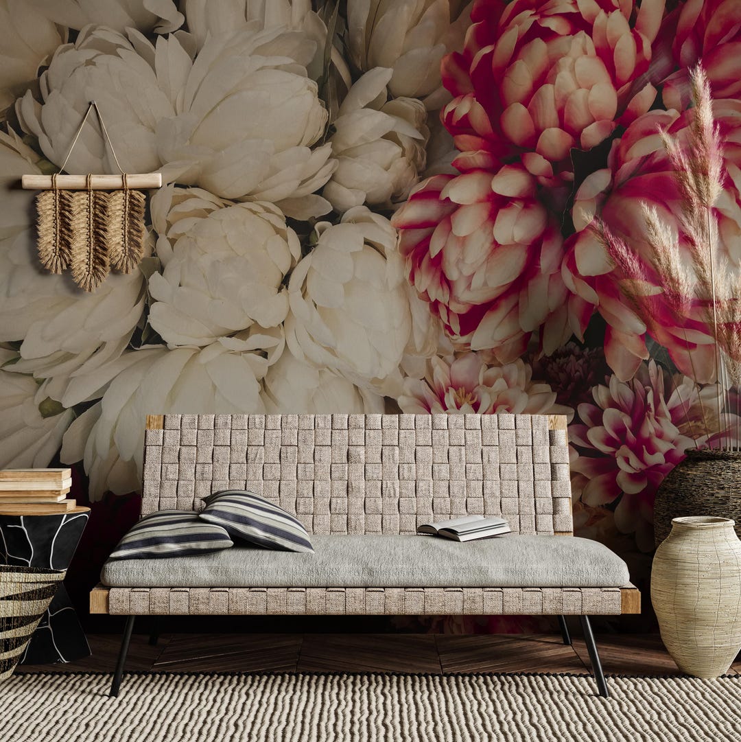Large Peony Wallpaper, Moody Dark Floral Peel and Stick Wall Mural - Etsy