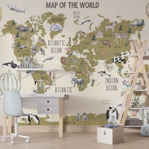 Carta da parati con mappa per bambini, carta da parati con mappa del mondo dei continenti educativa per bambini, carta da parati rimovibile, decorazione da parete per la stanza dei bambini