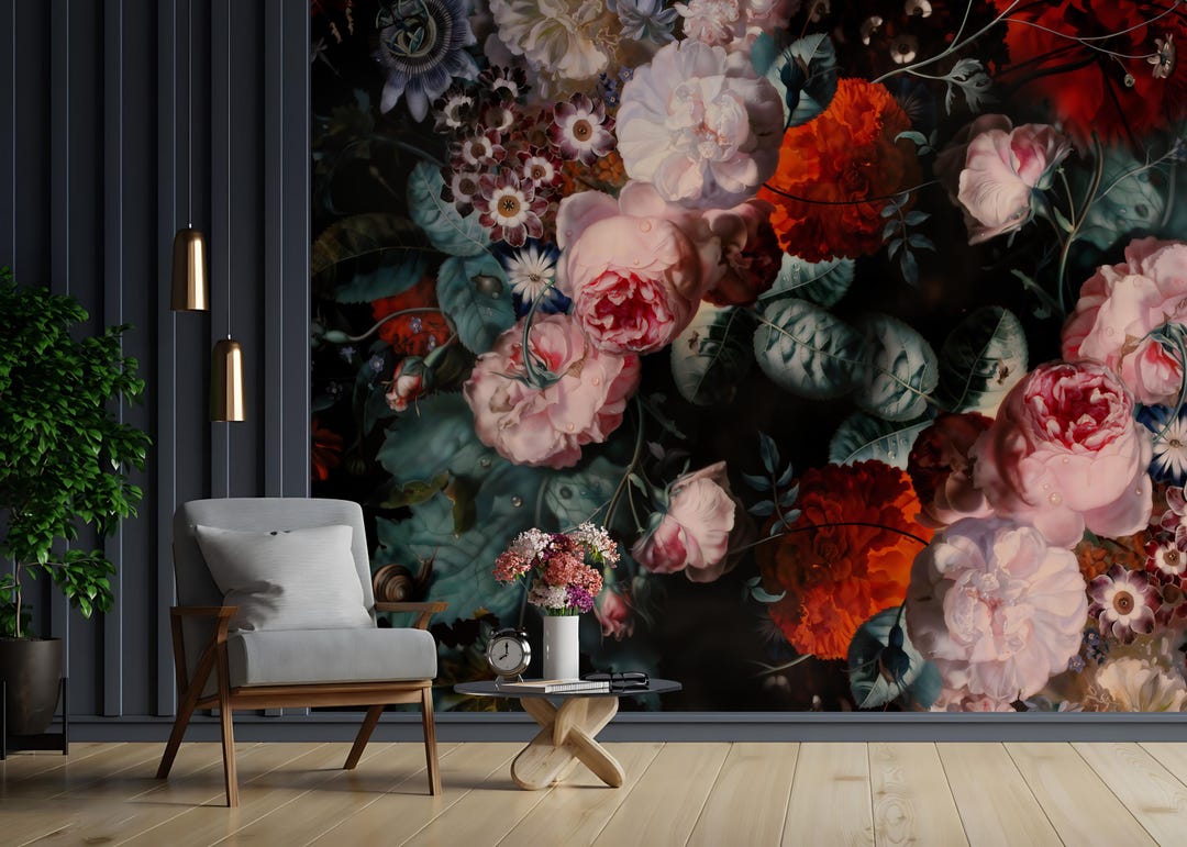 Dark Romantic Floral Wallpaper | Moody Botanical Wall Mural | Peel and ...