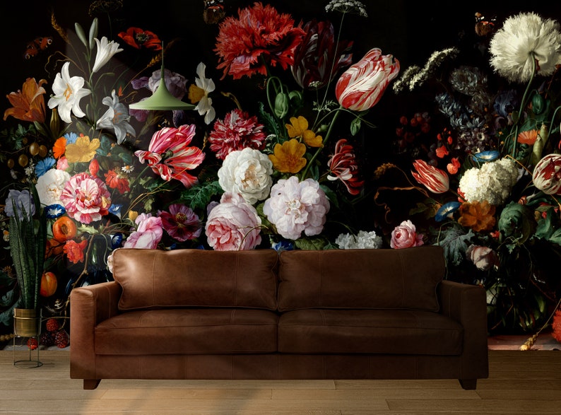 Dark Floral Wallpaper Peel and Stick Dutch Floral Wall Mural Etsy
