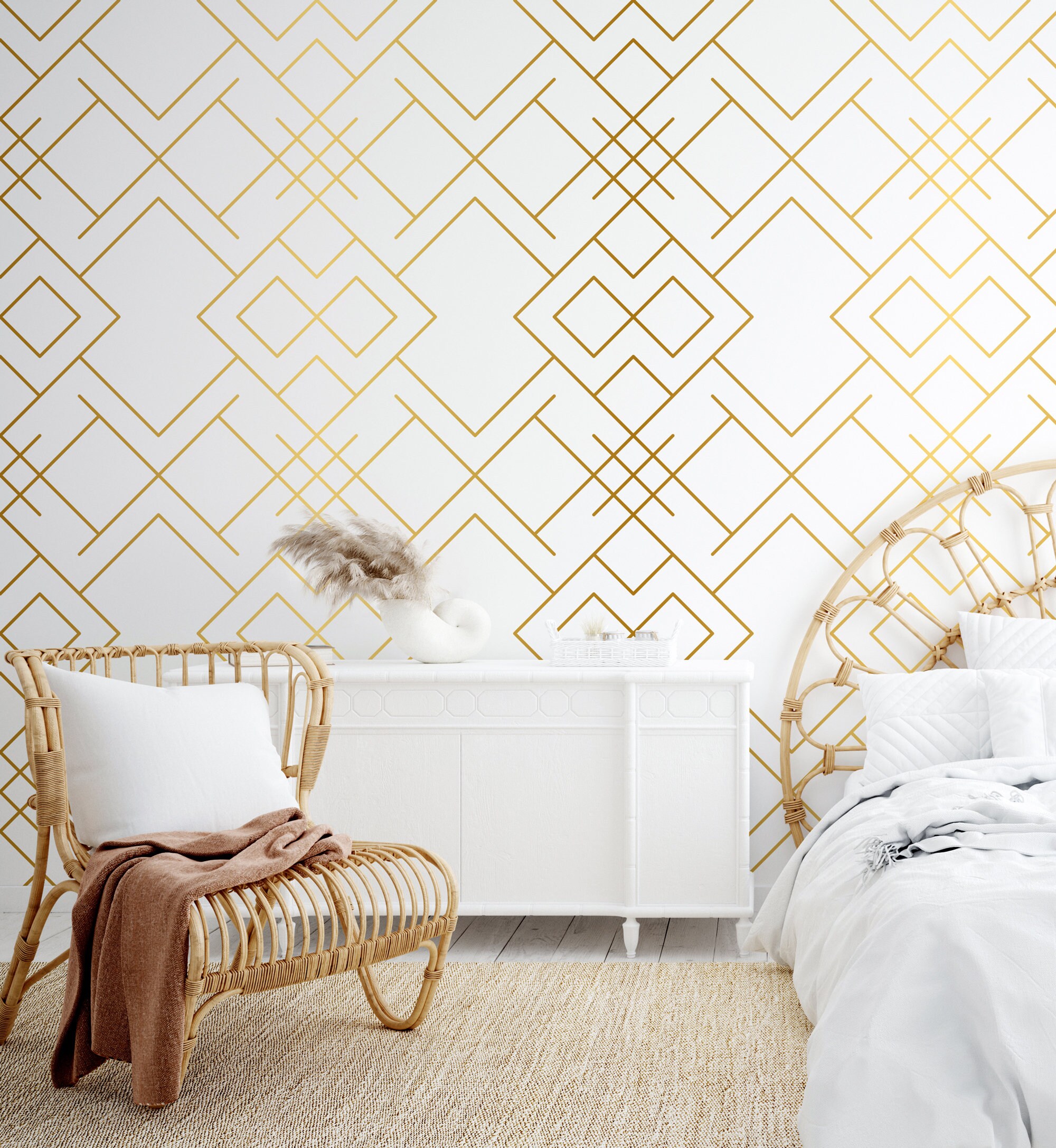 Art Deco Wallpaper White & Gold Geometric Wall Mural Peel - Etsy