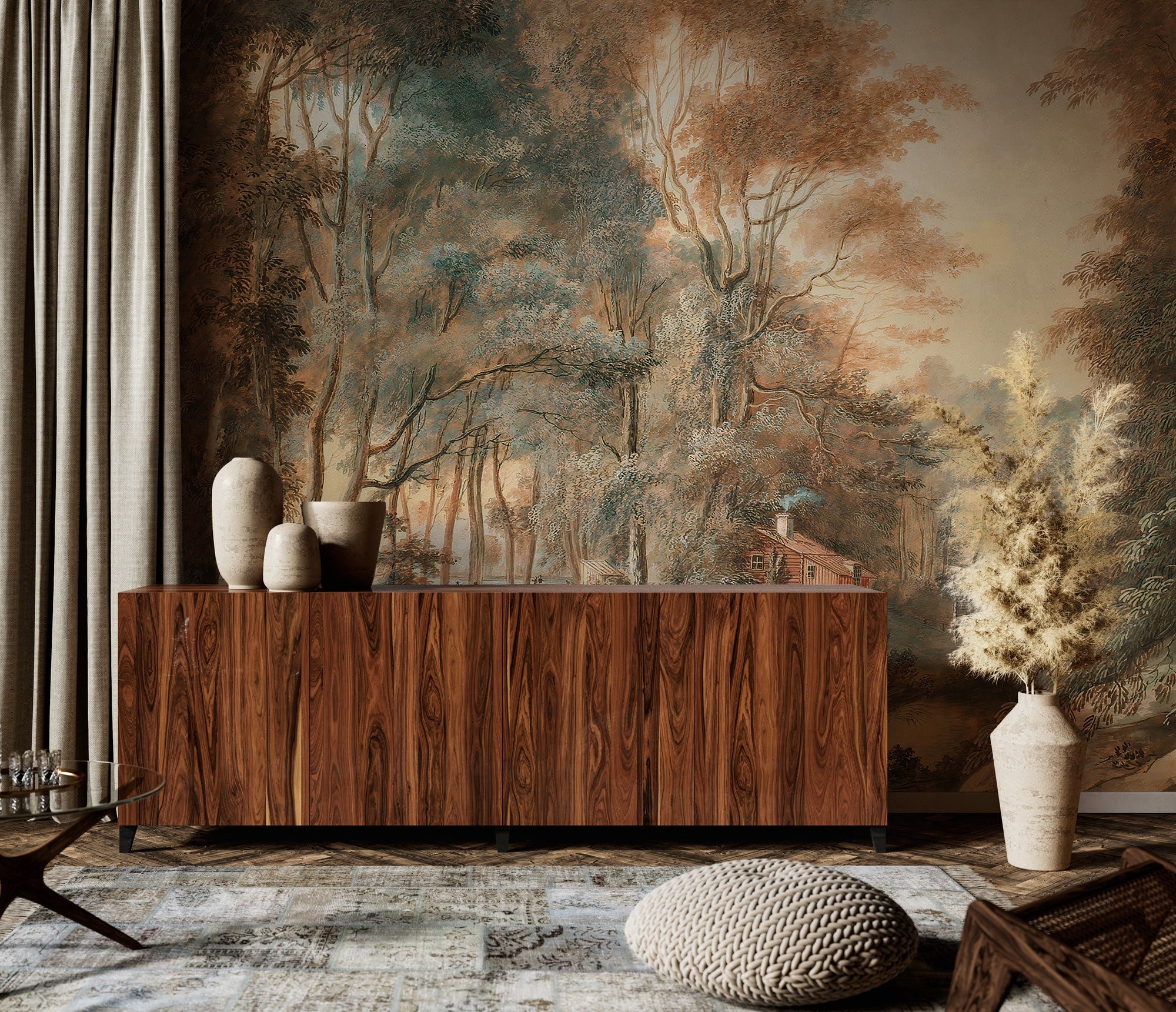 Vintage Landscape Peel and Stick Wallpaper: Rural Painting Wall Mural