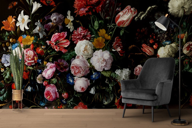 Dark Floral Wallpaper Peel and Stick Dutch Floral Wall Mural Etsy