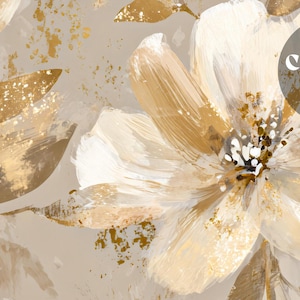 May include: A floral pattern featuring large, painterly flowers in shades of cream, beige, and metallic gold against a light taupe background. The design includes visible brushstrokes and gold leaf accents. A circular grey badge displays the text CLOSER LOOK.
