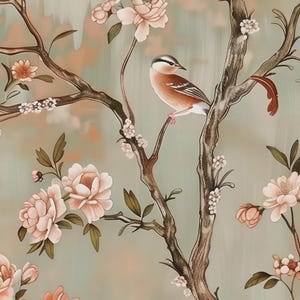 May include: A wallpaper pattern featuring a small bird with a white and brown body perched on a textured brown tree branch. The scene includes light pink peony-like flowers and small white blossoms set against a soft sage green background.