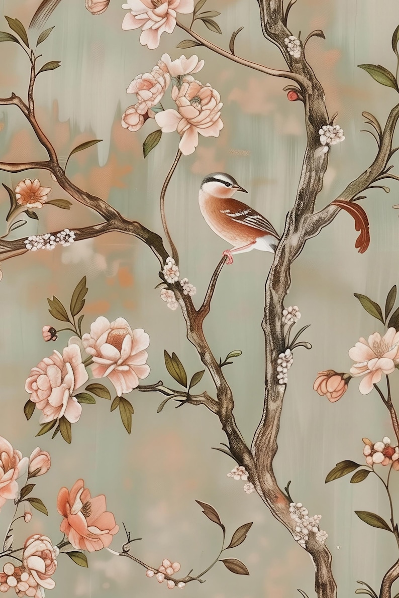 May include: A wallpaper pattern featuring a small bird with a white and brown body perched on a textured brown tree branch. The scene includes light pink peony-like flowers and small white blossoms set against a soft sage green background.
