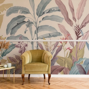 Tropical Wallpaper Peel and Stick, Vintage Tropical Wallpaper Mural, Tropical Trees Wall Mural, Removable Wallpaper