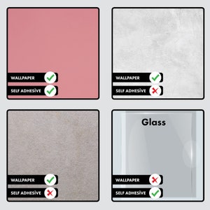 May include: A visual guide showing whether wallpaper can be applied to different surfaces. The surfaces include a pink wall, a textured wall, and a glass surface. The guide indicates that wallpaper can be applied to pink and textured walls, but not to glass. The guide also indicates that self-adhesive wallpaper can be applied to pink walls, but not to textured walls. Self-adhesive wallpaper can be applied to glass.