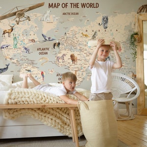 Kids Wallpaper Peel and Stick | Kids Map Wallpaper | World Map Wall Mural | Removable Wallpaper