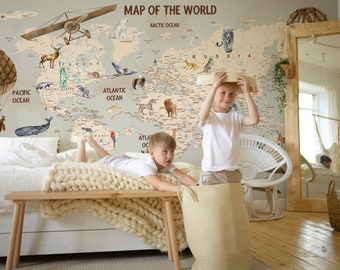 Kids Wallpaper Peel and Stick | Kids Map Wallpaper | World Map Wall Mural | Removable Wallpaper