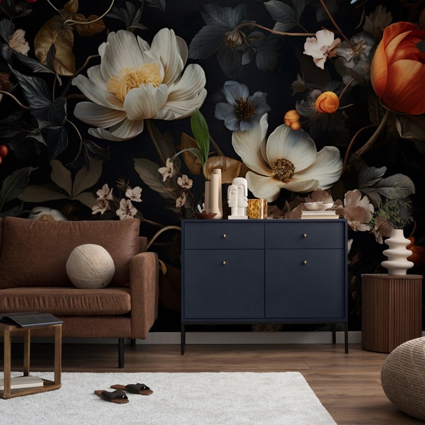 Dark Floral Wallpaper | Colorful Flowers Wall Mural Peel and Stick