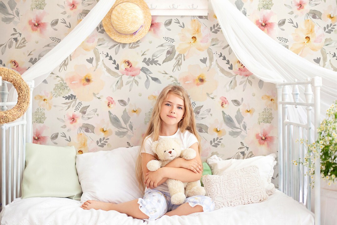 Watercolor Nursery Floral Wallpaper | Pastel Peony Wall Mural | Peel ...