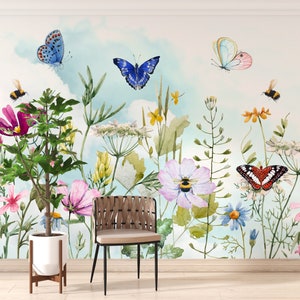 Floral Wallpaper Peel and Stick | Flowers with Butterfly Wall Mural | Removable Wallpaper | Flower Wall Decor