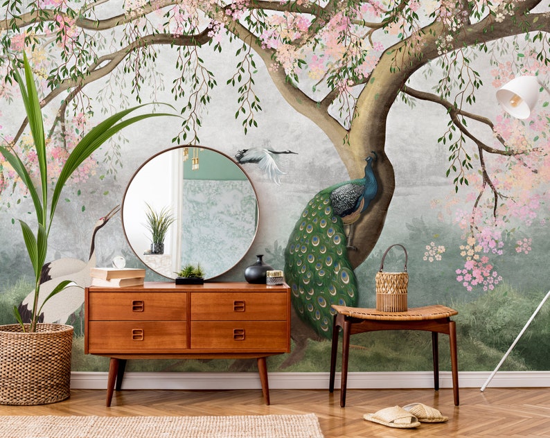 Chinoiserie Wallpaper Peel and Stick Peacock Wall Mural Etsy