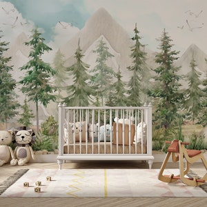 Kids Forest Wallpaper Peel and Stick, Mountain and Pine Tree Wall Mural ...