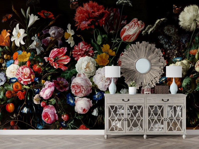 Dark Floral Wallpaper Peel and Stick Dutch Floral Wall Mural Etsy