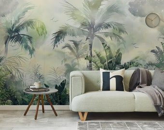 Watercolor Tropical Wallpaper | Rainforest Wall Mural | Tropical Forest Wallpaper Peel and Stick