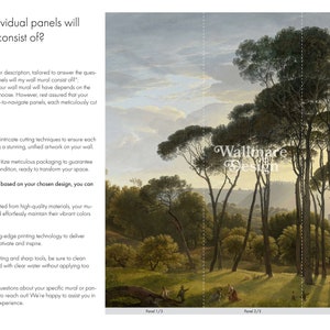 May include: A wall mural depicting a forest scene with tall pine trees and a distant mountain range. The mural is divided into three panels, labeled "Panel 1/3", "Panel 2/3", and "Panel 3/3". The text "Wallmare Design" is visible in the lower right corner of the image.