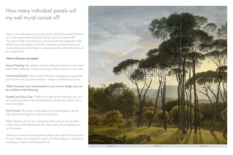 May include: A wall mural featuring a landscape painting of tall pine trees in a grassy field under a cloudy sky. The text reads: How many individual panels will my wall mural consist of? Wallmare Design. Panel 1/3, Panel 2/3, and Panel 3/3.