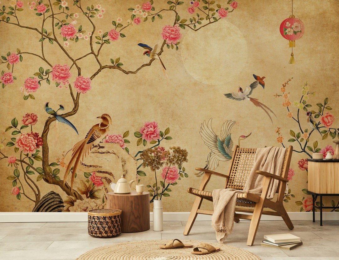 Chinoiserie Wallpaper Peel and Stick, Watercolor Peony Tree Wall Mural